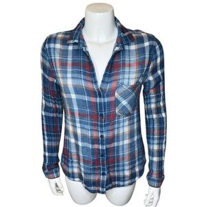 Cloth & Stone Plaid Flannel Shirt S Button Front Hi-Low Hem Blue